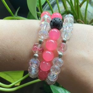 Set of 3 pink ribbon glass crystal bracelets